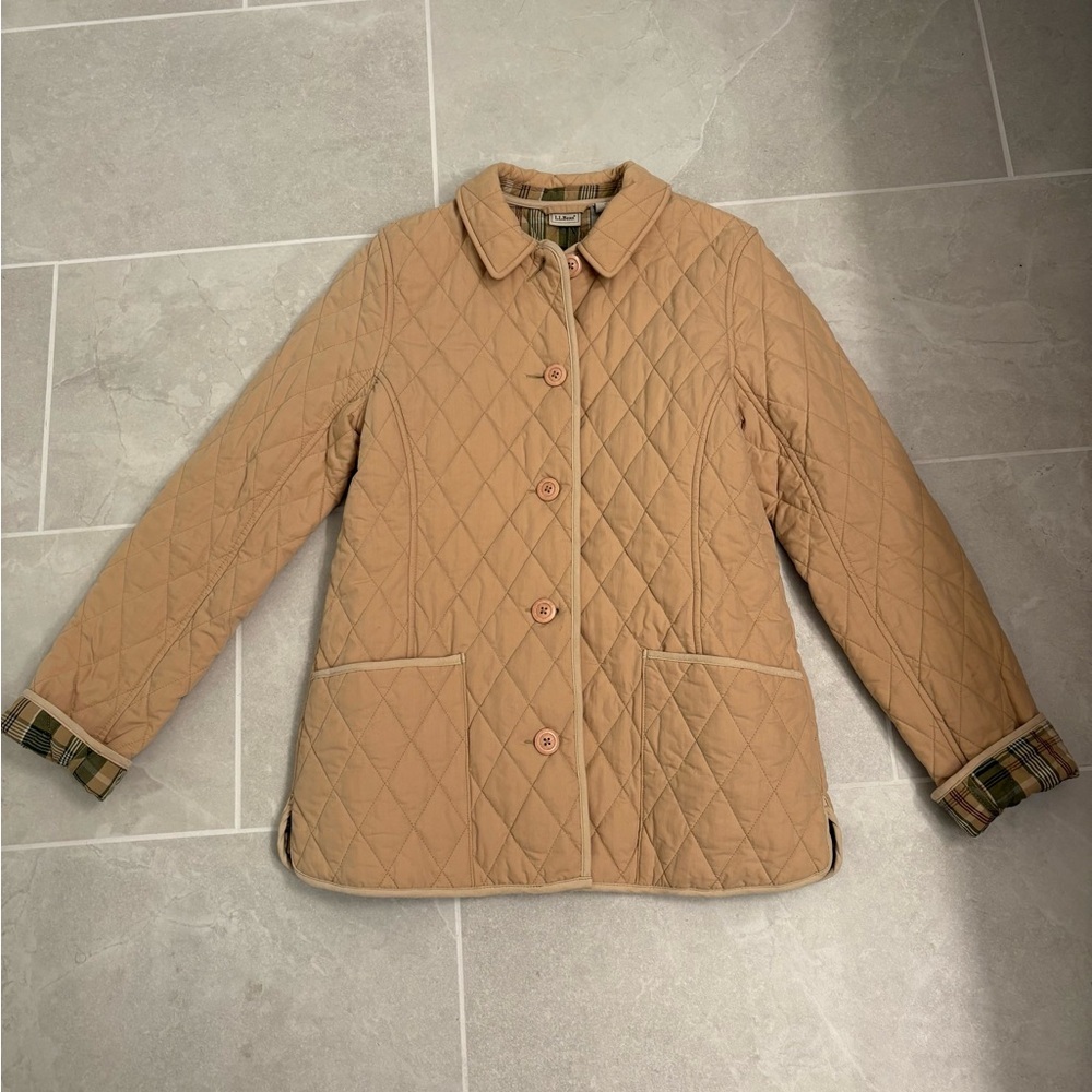Vintage LL Bean Quilted Khaki Plaid Insulated Barn Coat Size Small - Picture 3 of 17